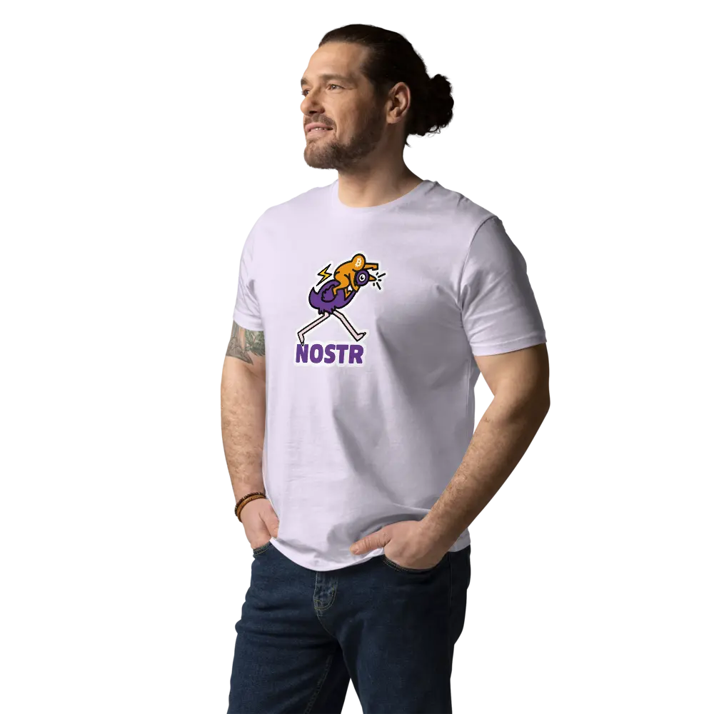 Nostr T-Shirt – Nostr Pop Ostrich - worn on male model - purple