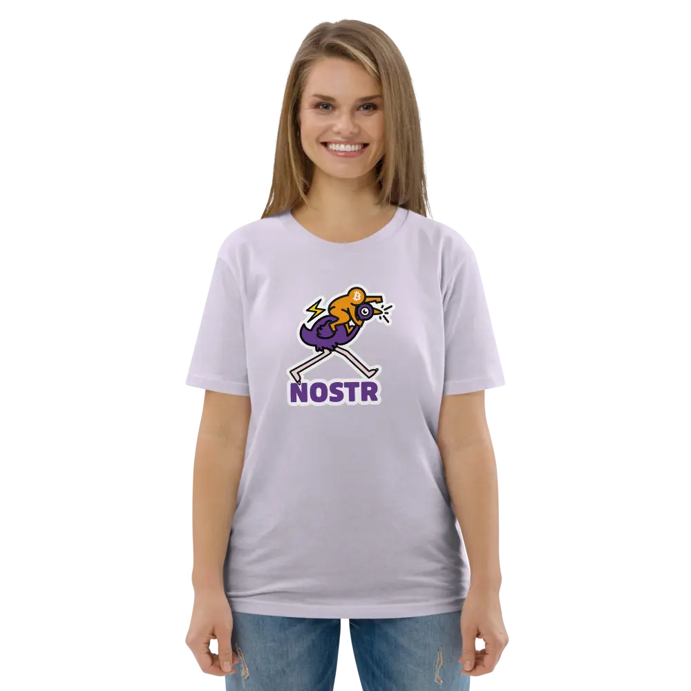 Nostr T-Shirt – Nostr Pop Ostrich - worn on model - purple