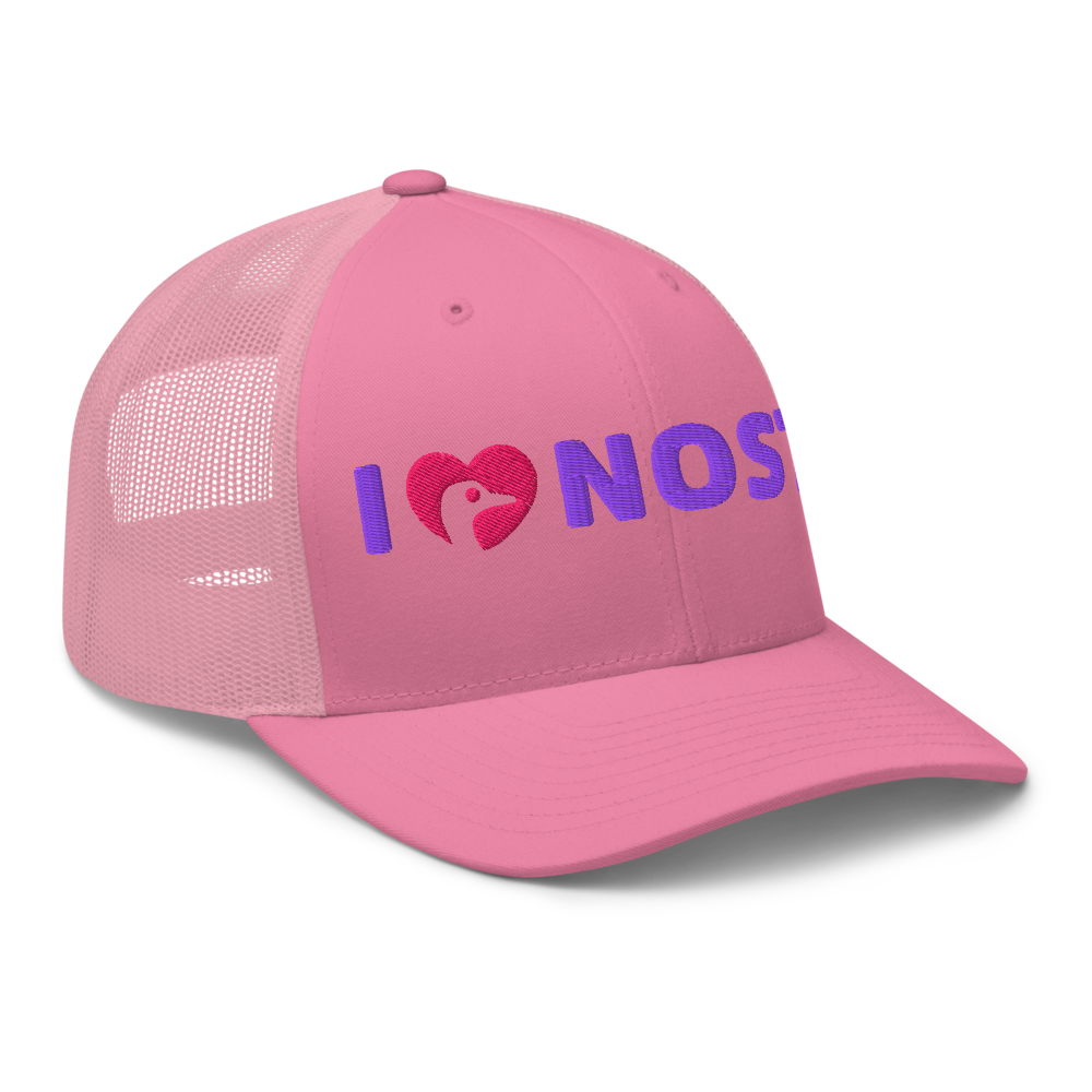 i love nostr hat angled front view pink