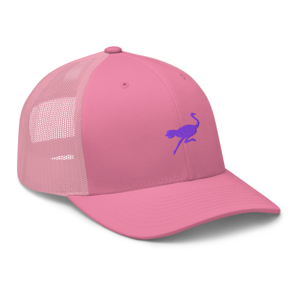 nostr trucker hat small nostrich embroidery angled pink
