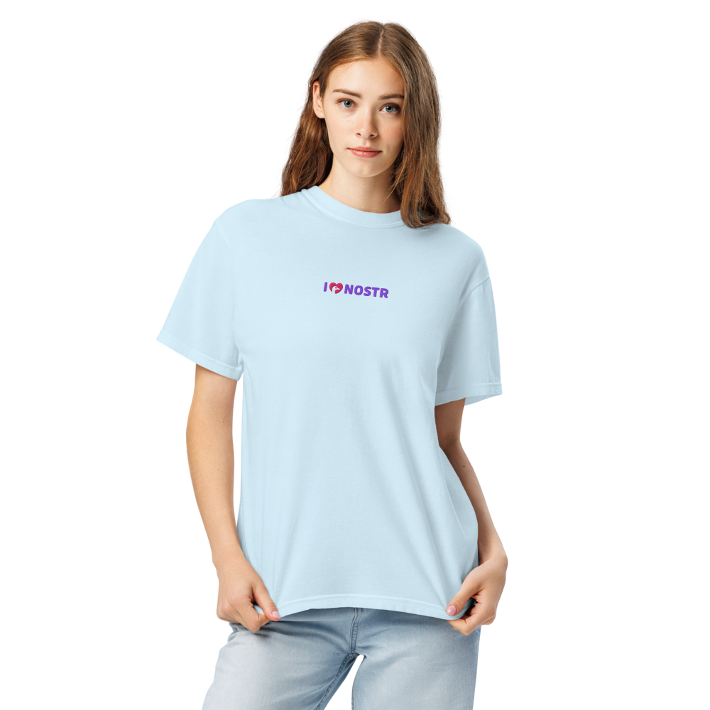 nostr t-shirt - i love nostr - worn front view - chambray