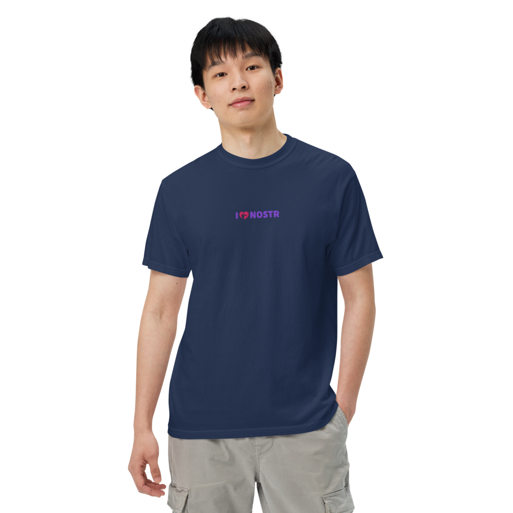 nostr t-shirt - i love nostr - worn by male - front view - true navy