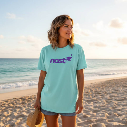 nostr t-shirt - nostrich - worn by female at the beach