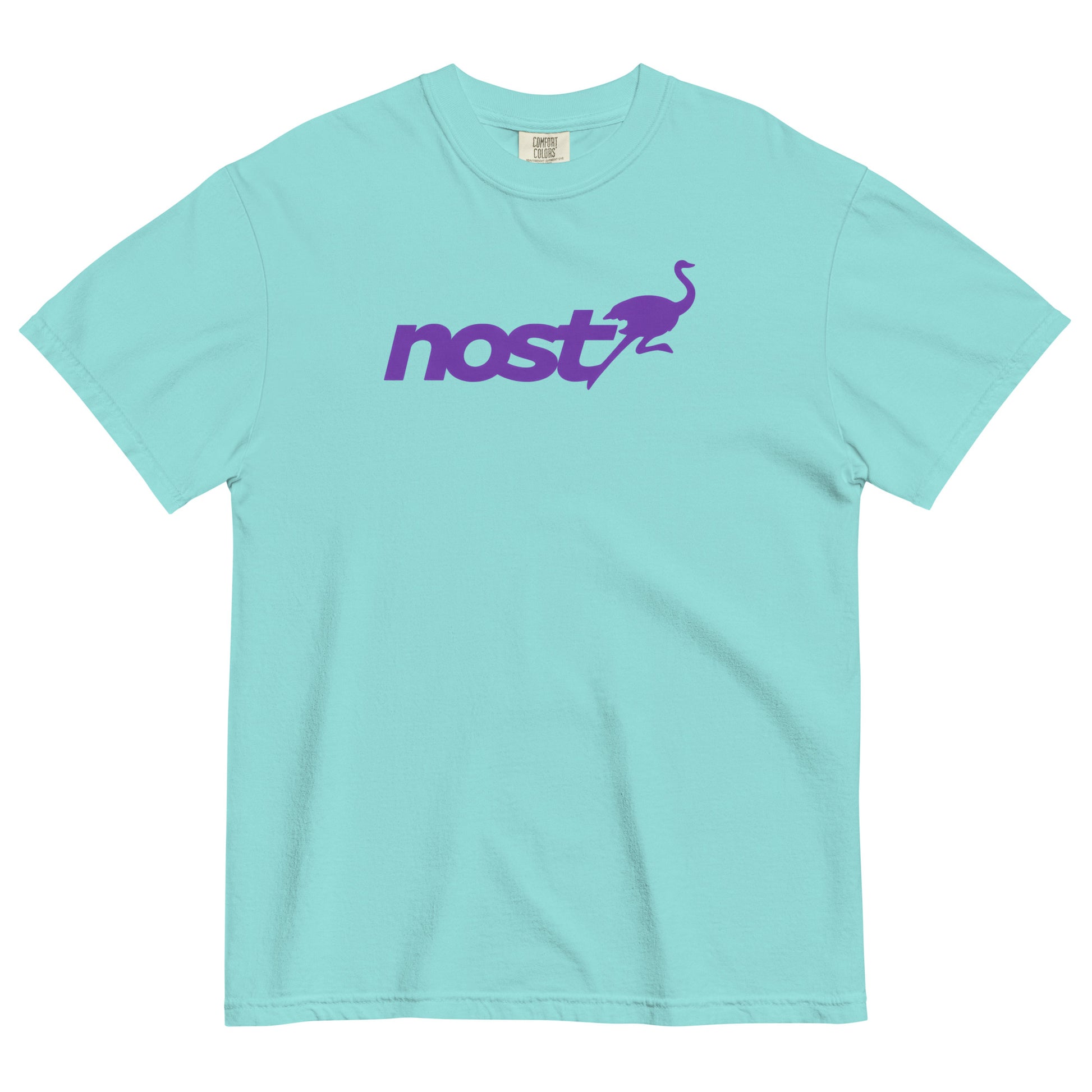 nostr t-shirt - nostrich - front view - lagoon blue