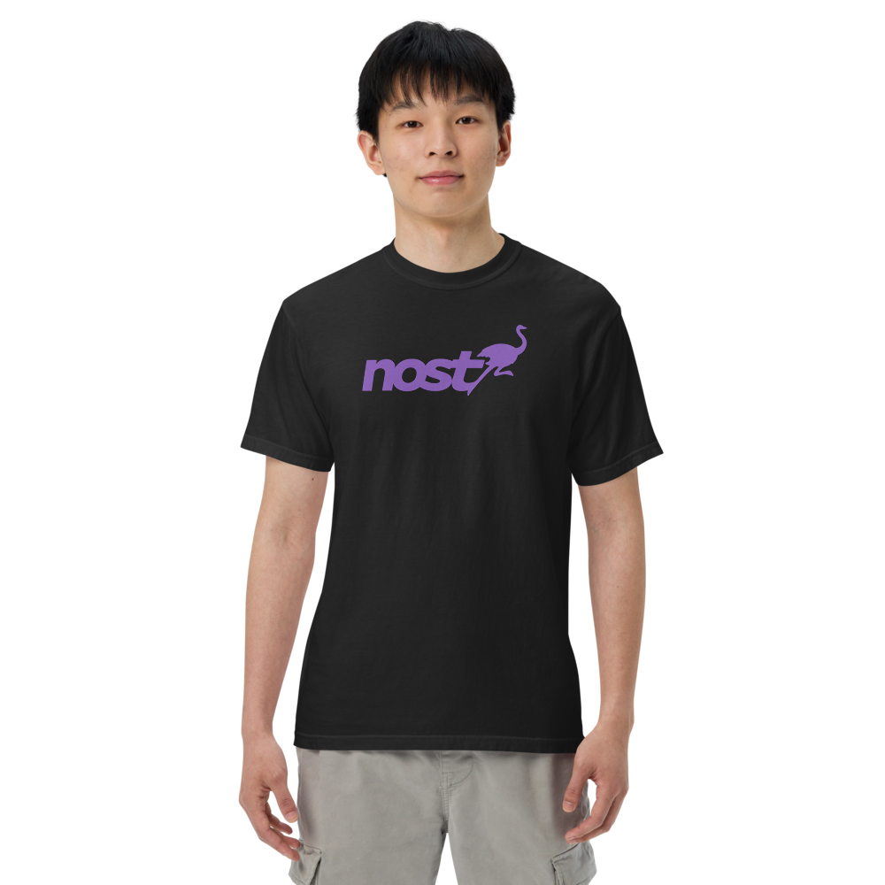 nostr t-shirt - nostrich - worn by male front view - black