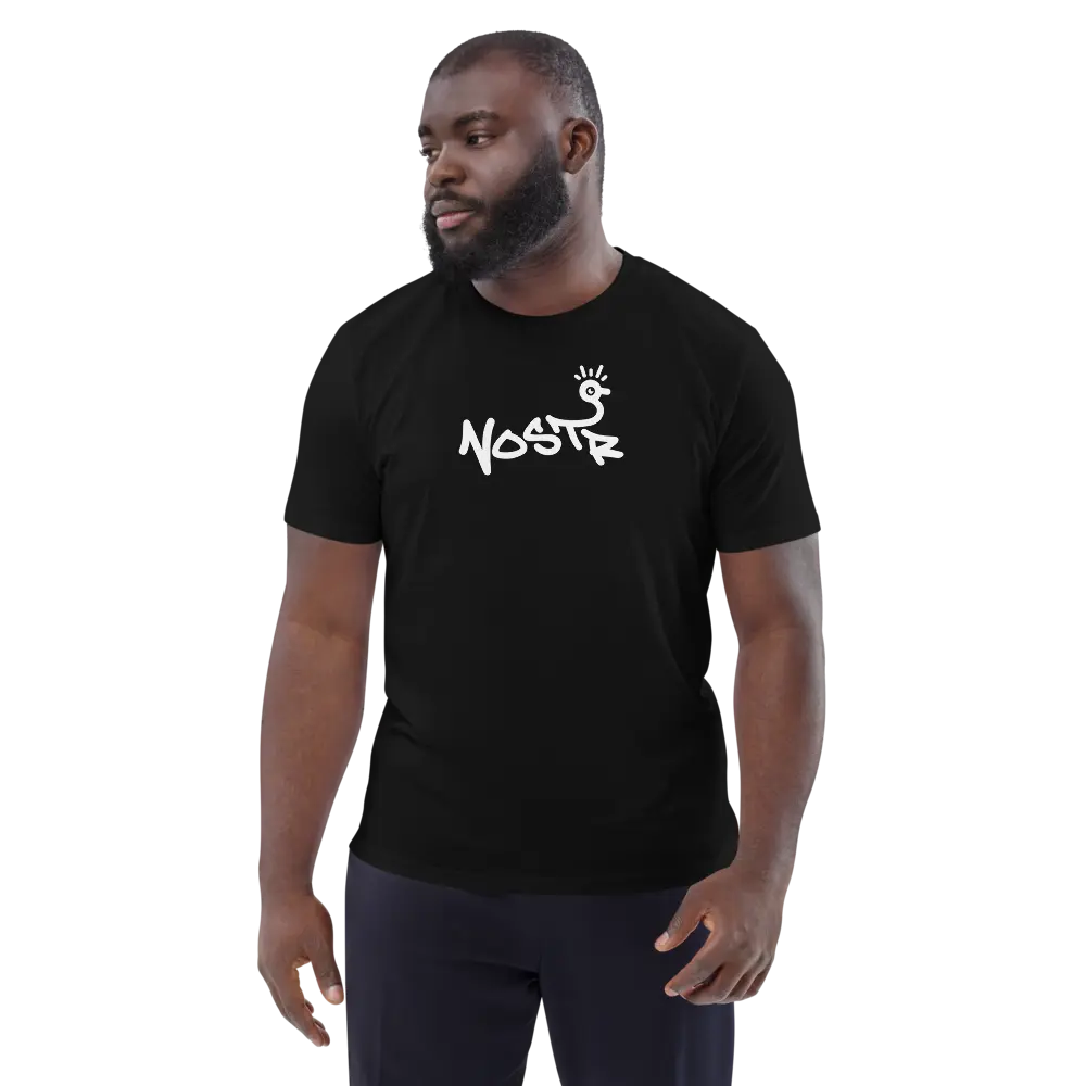 T-Shirt – Nostr — worn on male model — black - front view