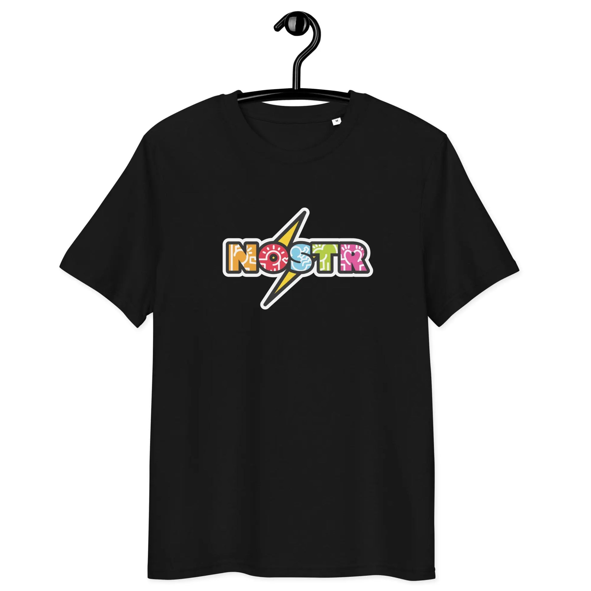 Nostr T-Shirt – Zap Sats | Store of Value — on hanger - black color shirt