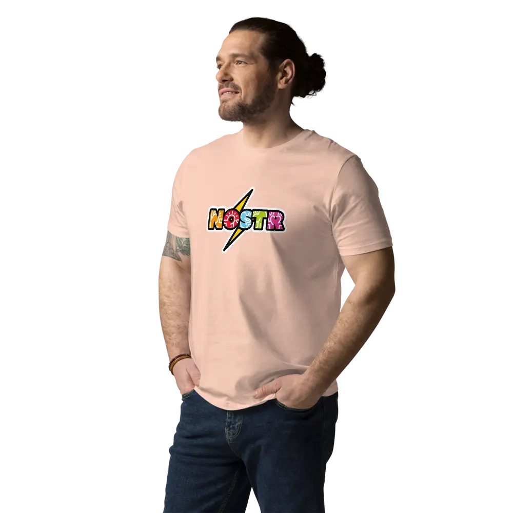 Nostr T-Shirt – Zap Sats | Store of Value — worn on male model - pink