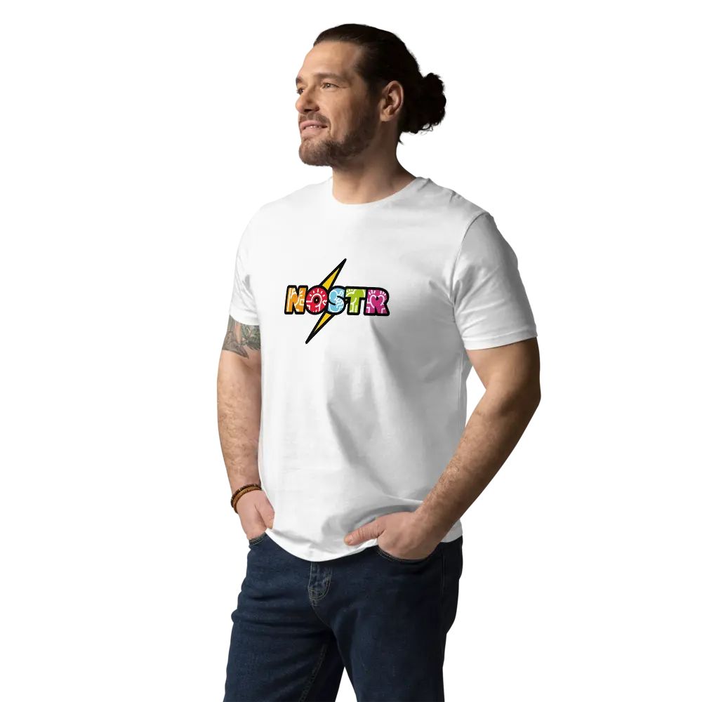 Nostr T-Shirt – Zap Sats - worn on male model - standing - white