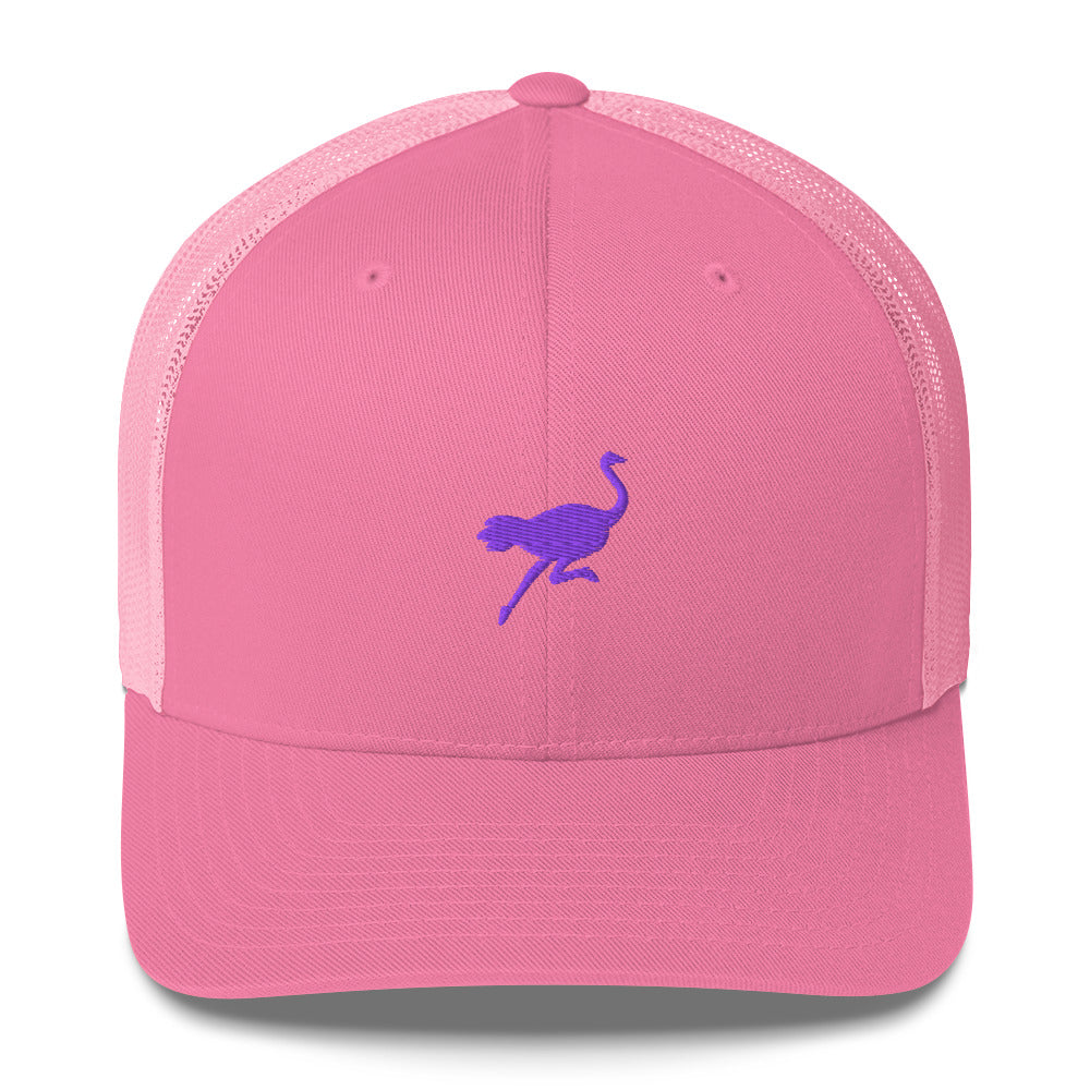 nostrich nostr trucker hat small logo front view pink
