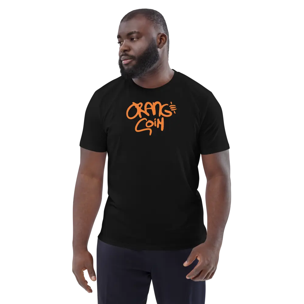 Bitcoin T-Shirt – Orange Coin by BitPopArt | Store of Value — worn on model-black color