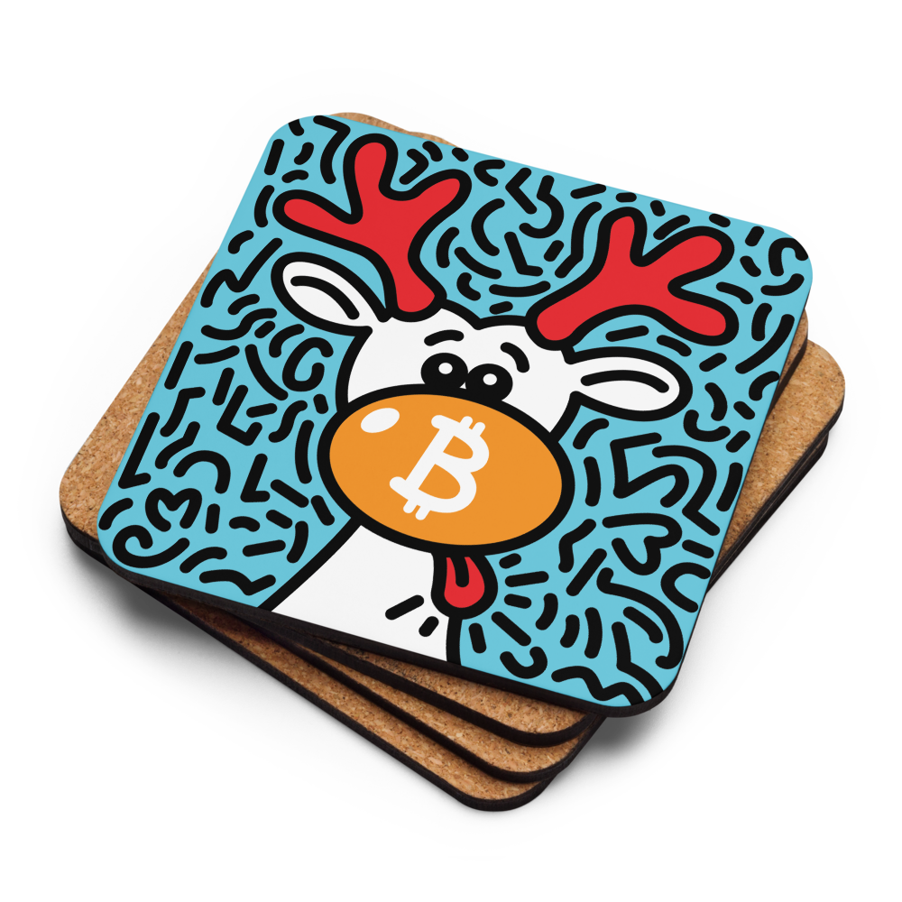 Orange Nose Reindeer Bitcoin coaster by BitPopArt – stacked with cork back