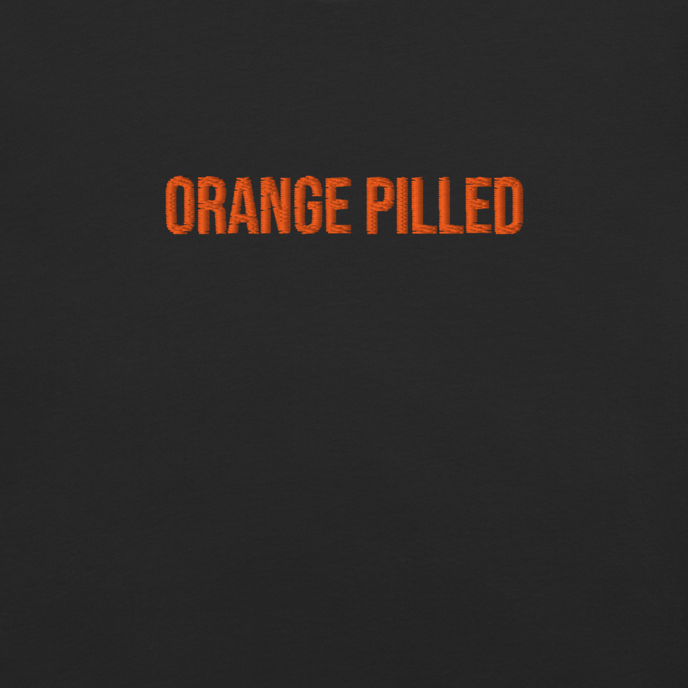bitcoin t-shirt - orange pilled - design close-up - black