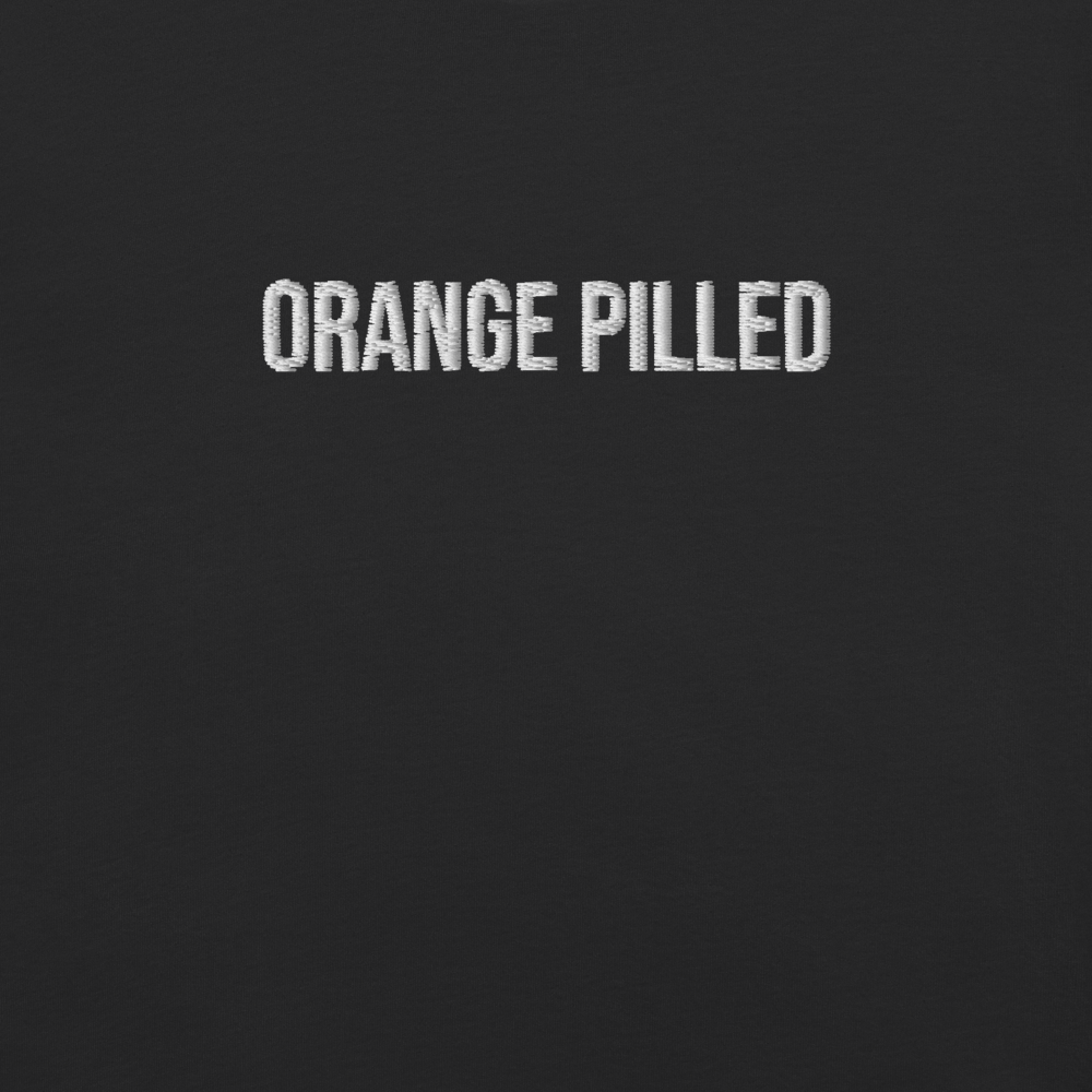 bitcoin t-shirt - orange pilled - design close-up - black