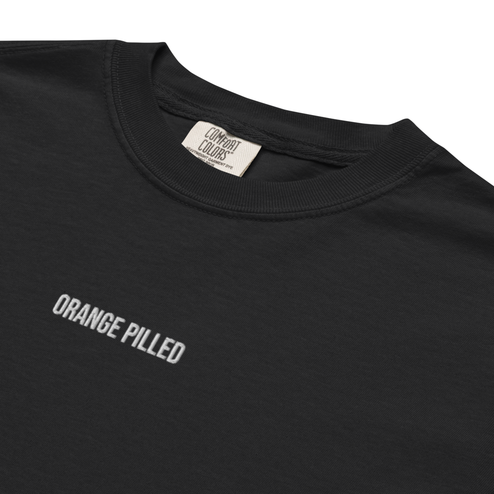 bitcoin t-shirt - orange pilled - design close-up - black