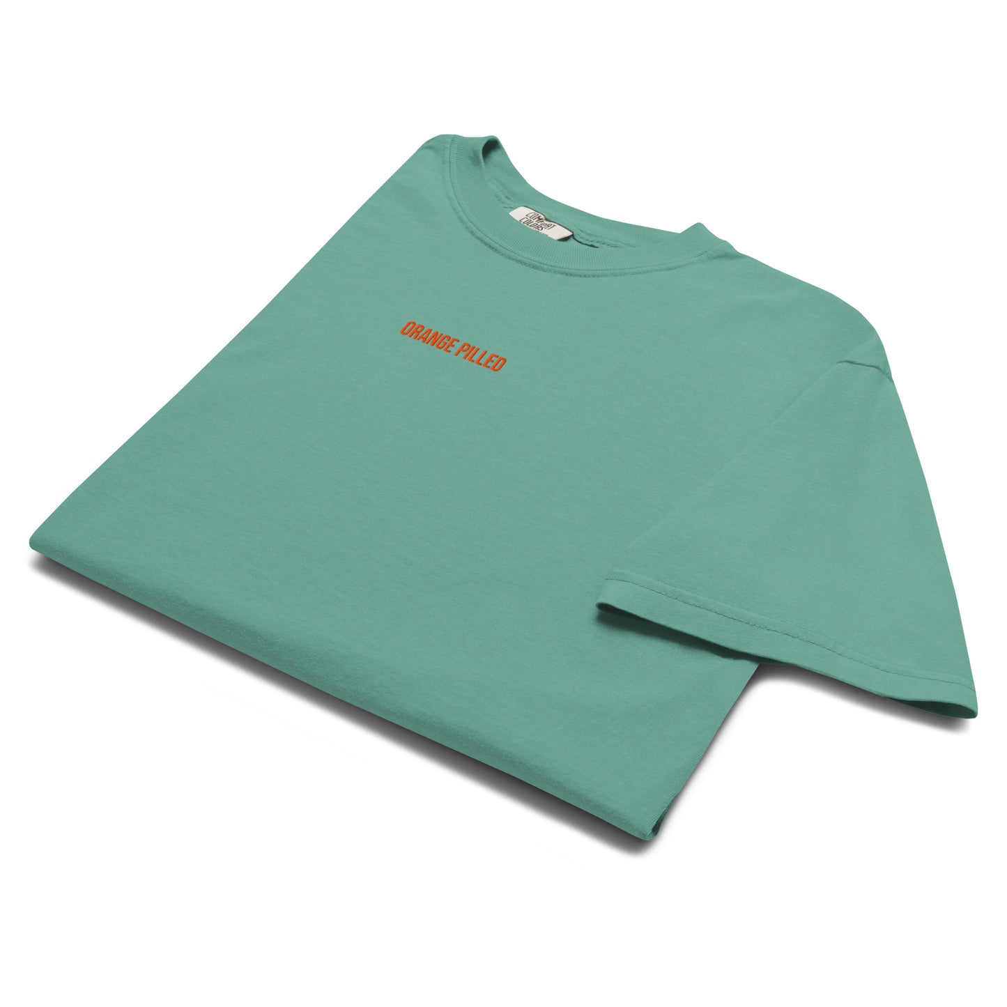 bitcoin t-shirt - orange pilled - folded - seafoam blue