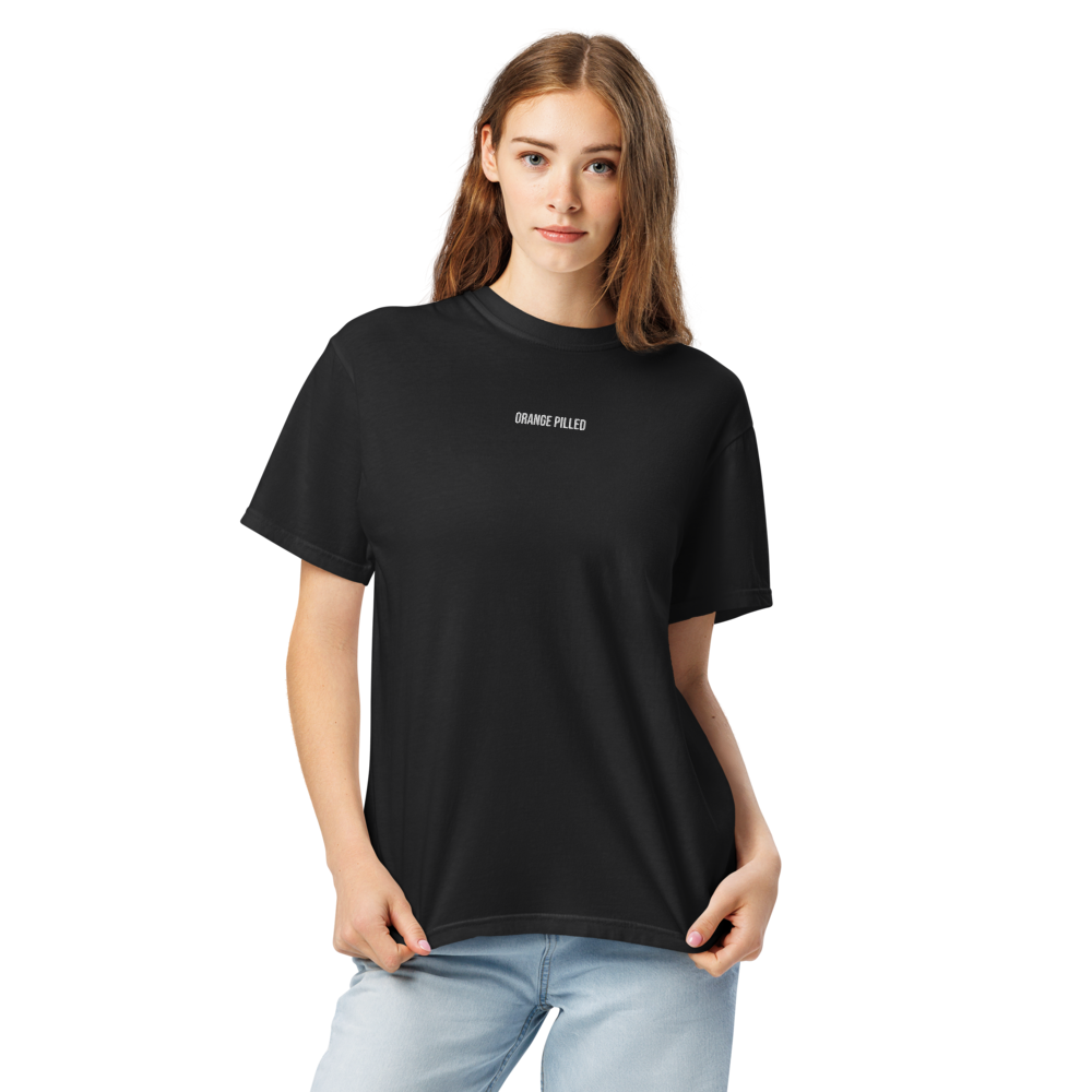 bitcoin t-shirt - orange pilled - worn on female model - black