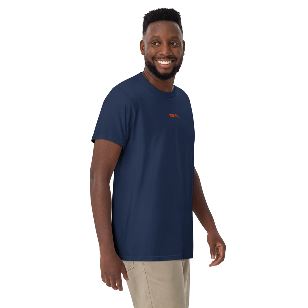 bitcoin t-shirt - orange pilled - worn on male model - blue