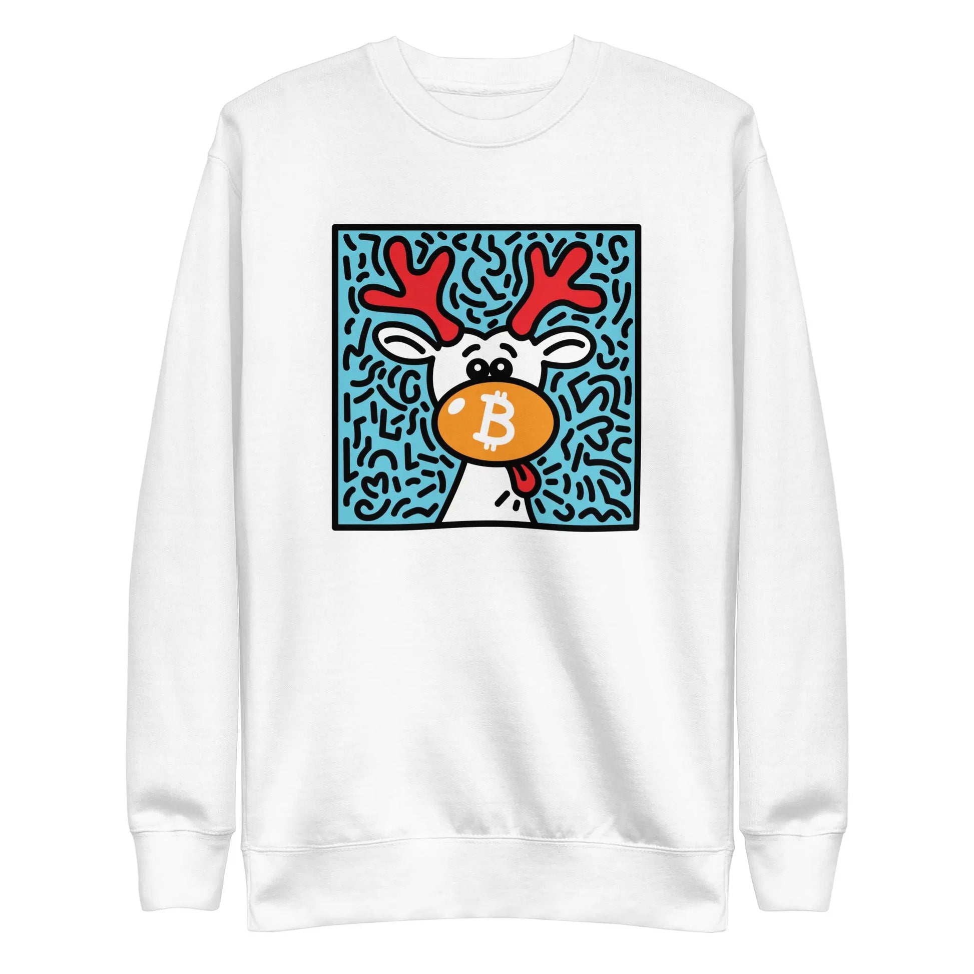 bitcoin sweatshirt - orangenose reindeer by bitpopart - front view - white