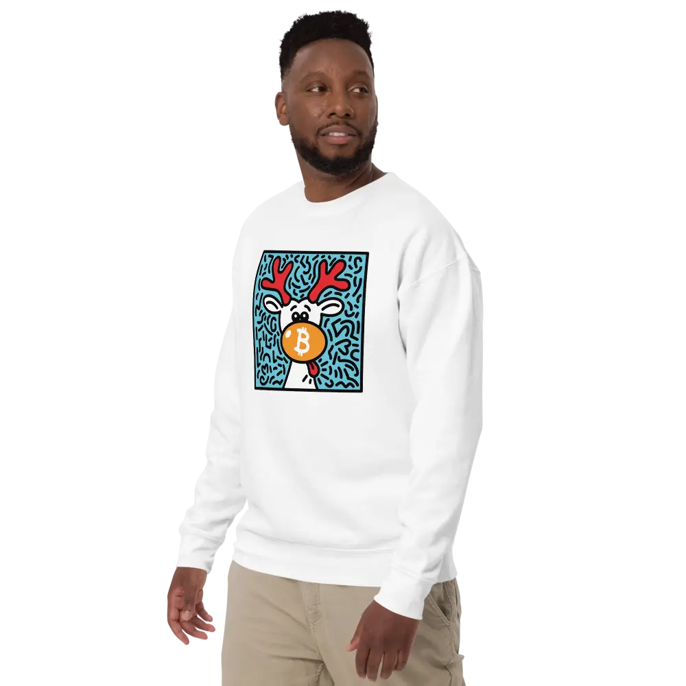 bitcoin sweatshirt - orangenose reindeer by bitpopart - worn by male - white color