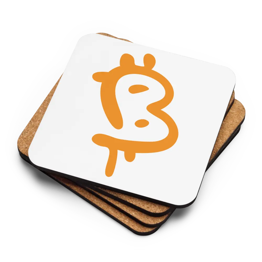 Stack of cork backs and face up Painted Style Bitcoin coaster – orange by BitPopArt
