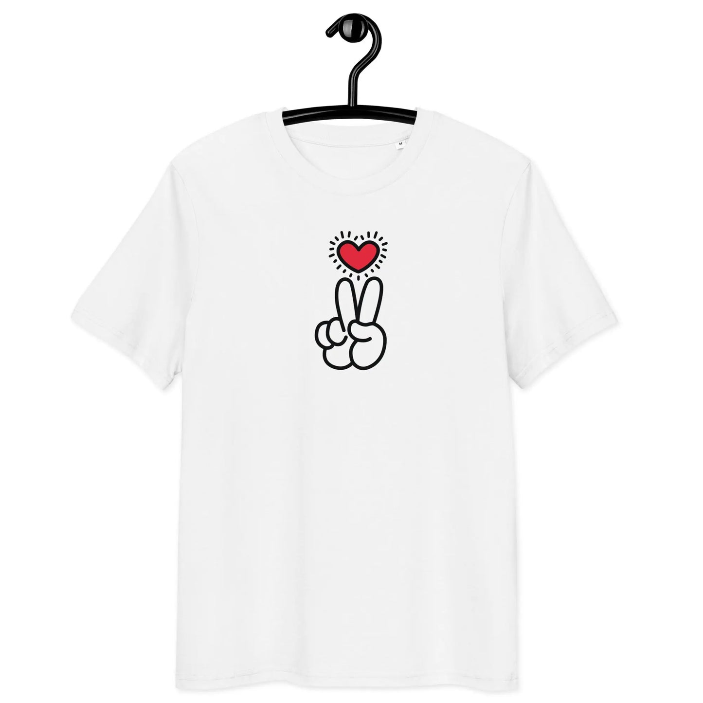 peace t-shirt - heart and hand peace sign - front view on hanger - white color