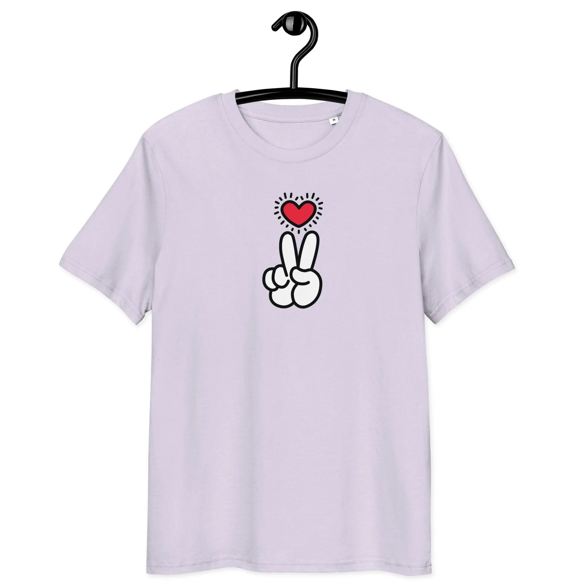 peace t-shirt - heart and hand peace sign - front view - lavender color