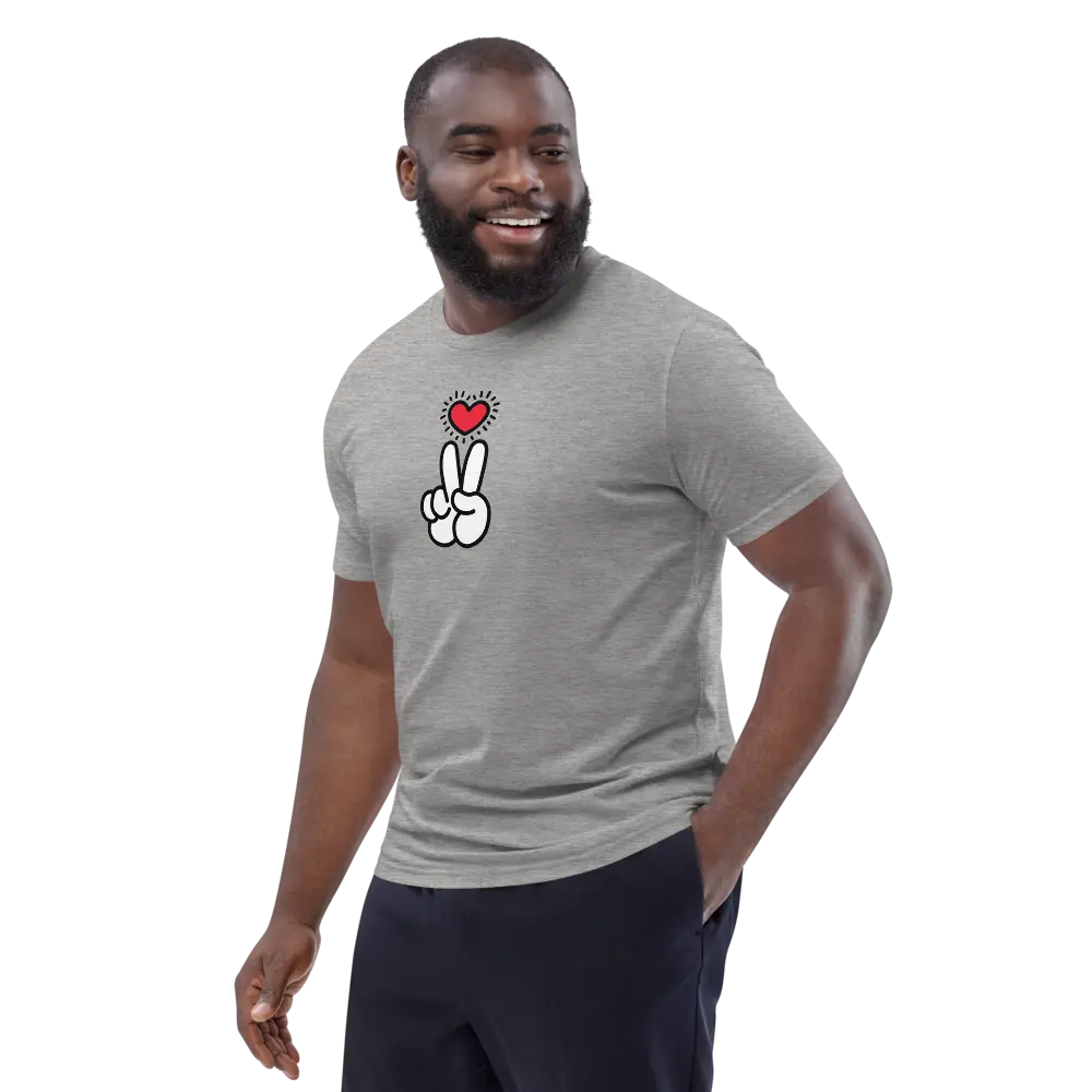 peace t-shirt - heart and hand peace sign - worn by model