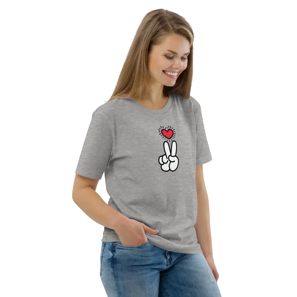 peace t-shirt - heart and hand peace sign - model view