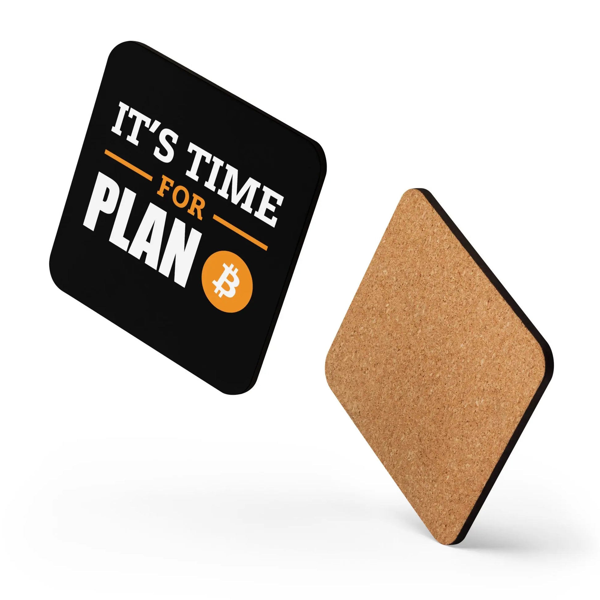 Plan B cork-back Bitcoin coaster floating layout