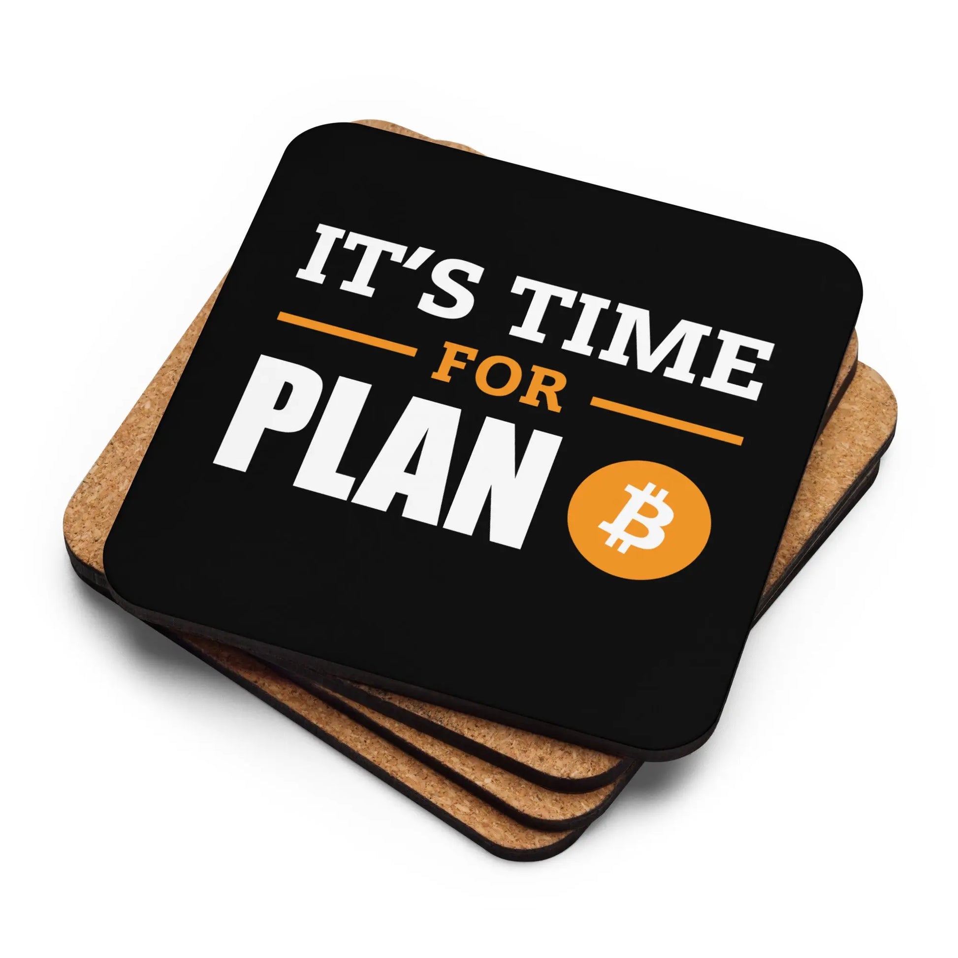 Plan B cork-back Bitcoin coaster stacked with cork backing