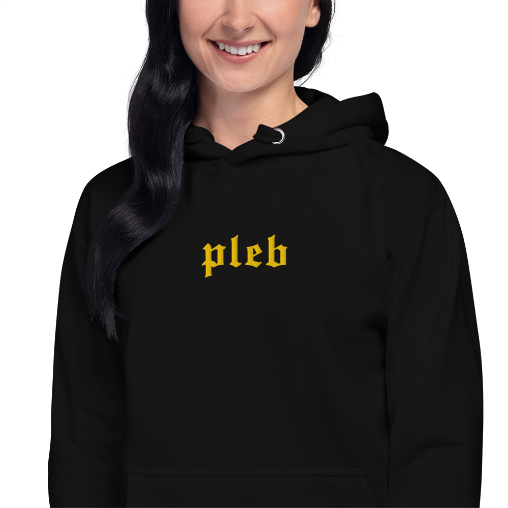 bitcoin hoodie - pleb design - embroidery close-up - female model - gold