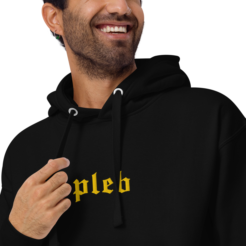 bitcoin hoodie - pleb design - embroidery close-up - gold