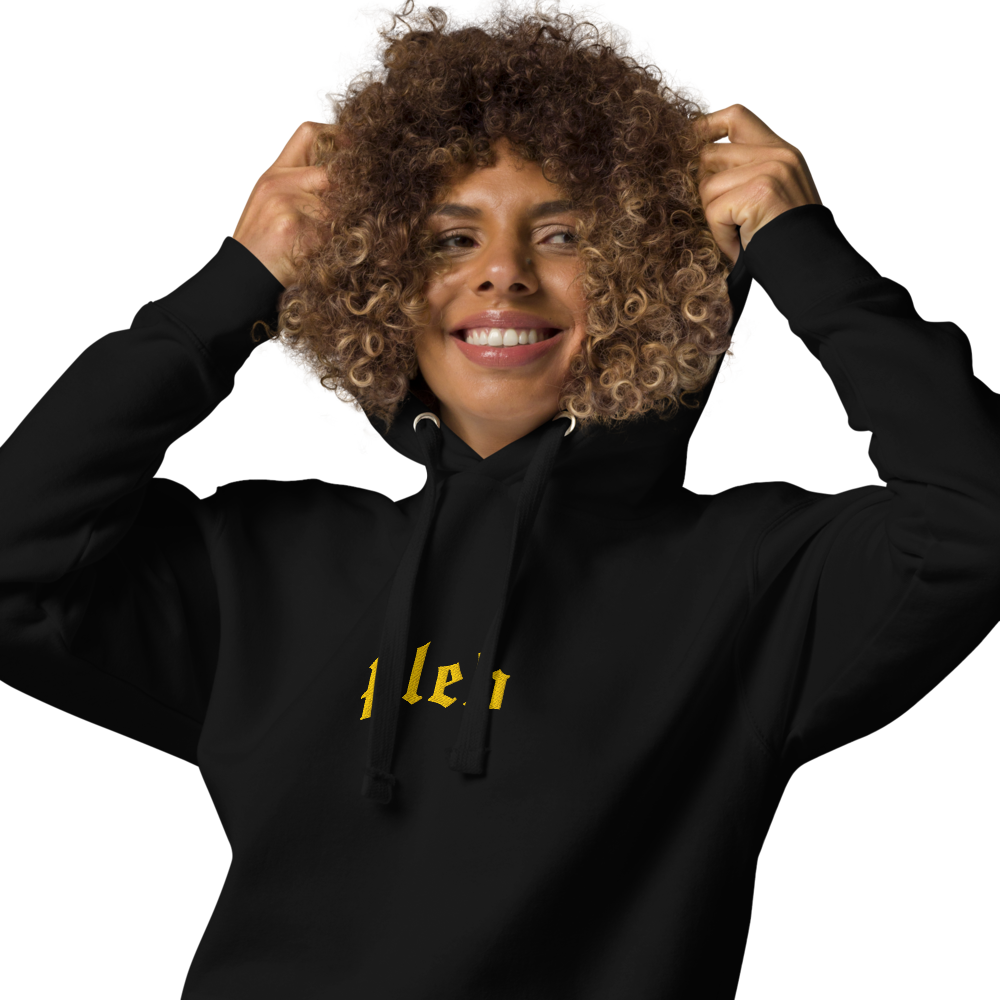 bitcoin hoodie - pleb design - worn on female model - black - gold embroidery