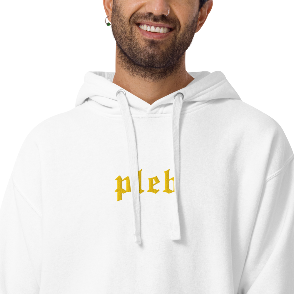 bitcoin hoodie - pleb design - worn on model - white