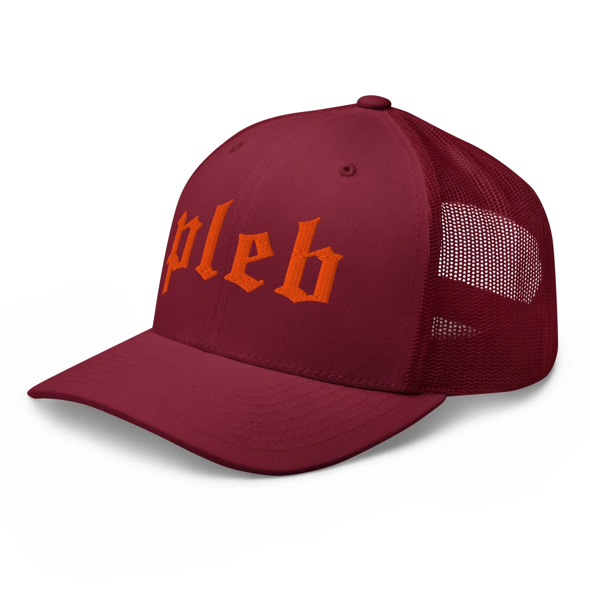 pleb bitcoin hat - angled front view - cranberry