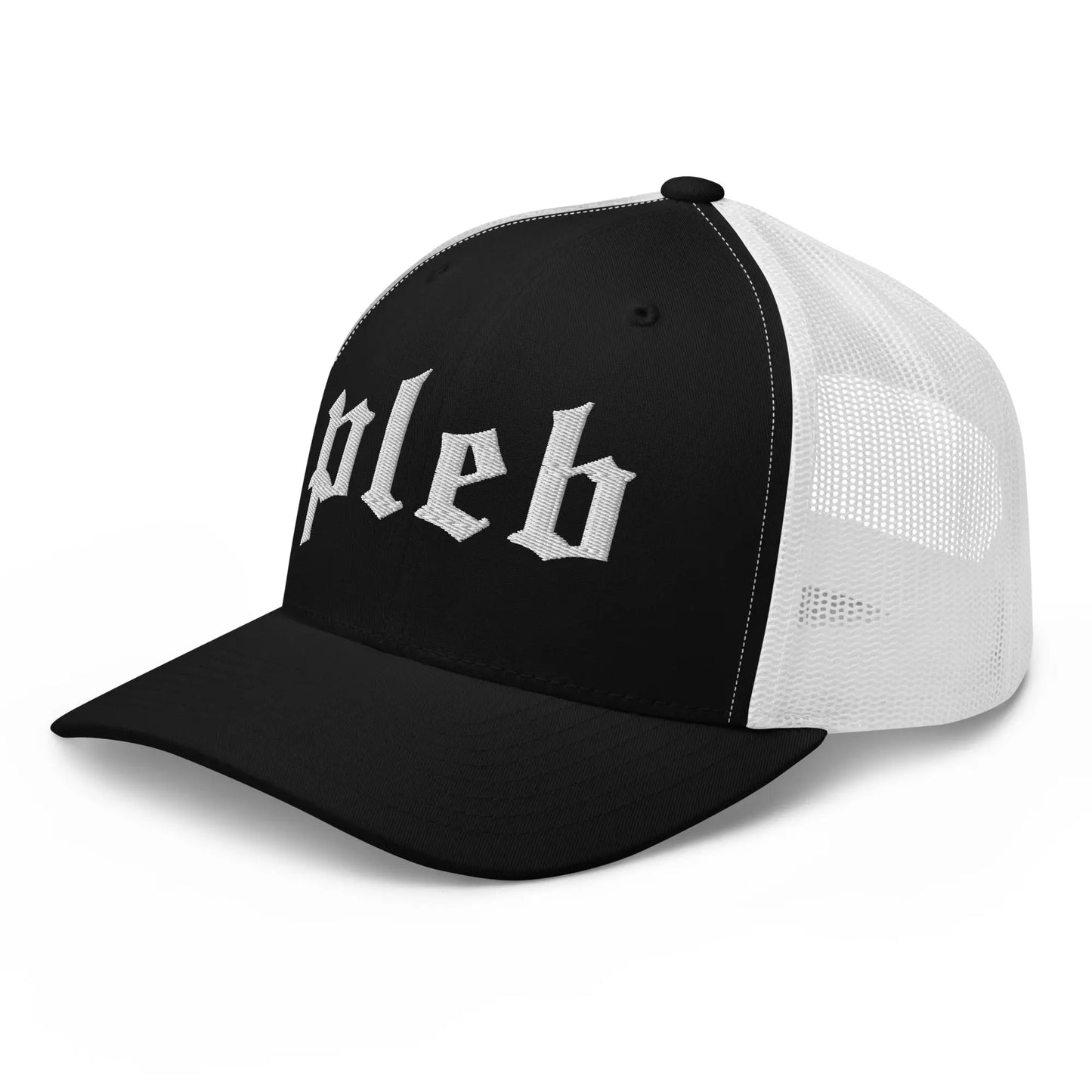 bitcoin trucker hat - pleb - angled front view - black and white