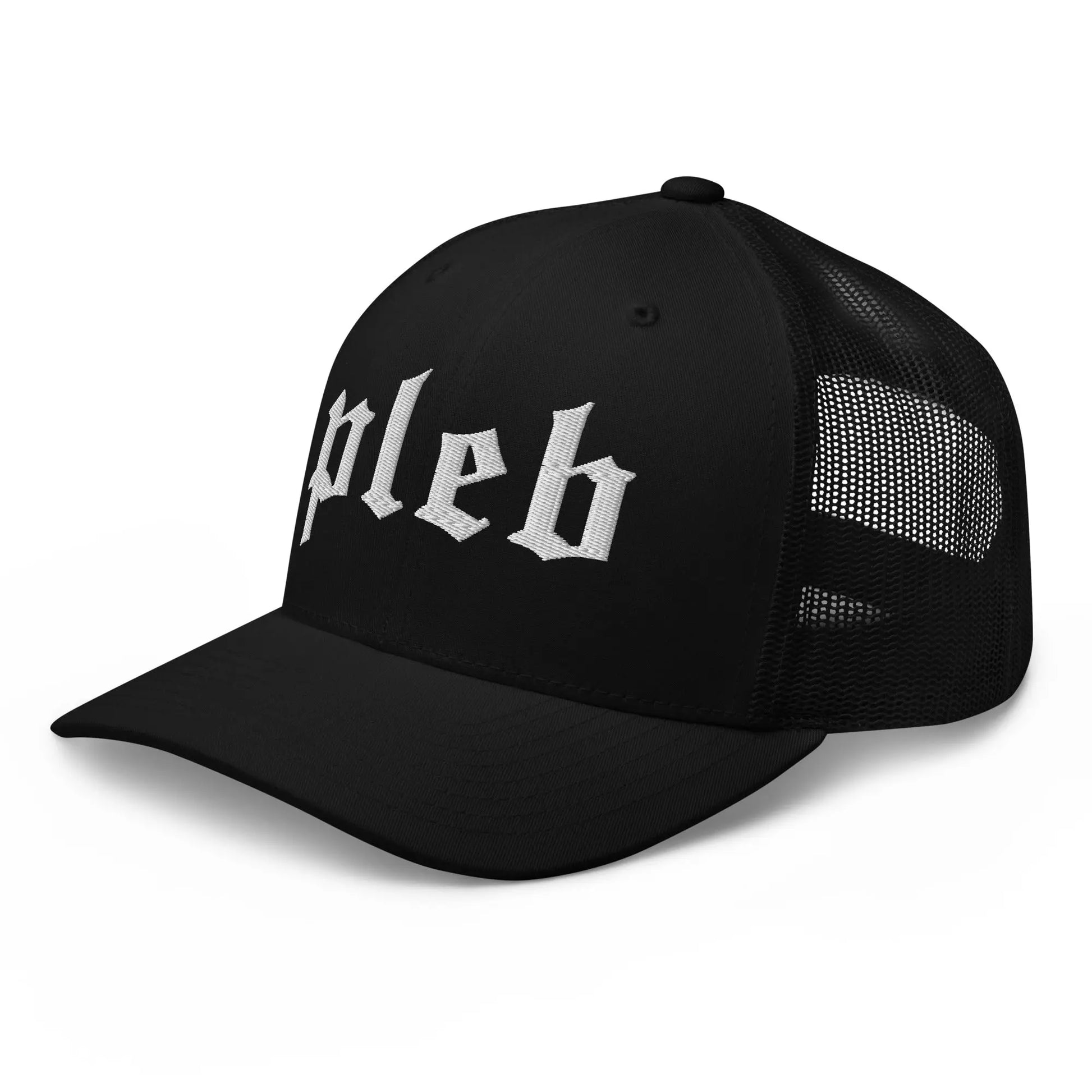 bitcoin trucker hat - pleb - angled front view - black