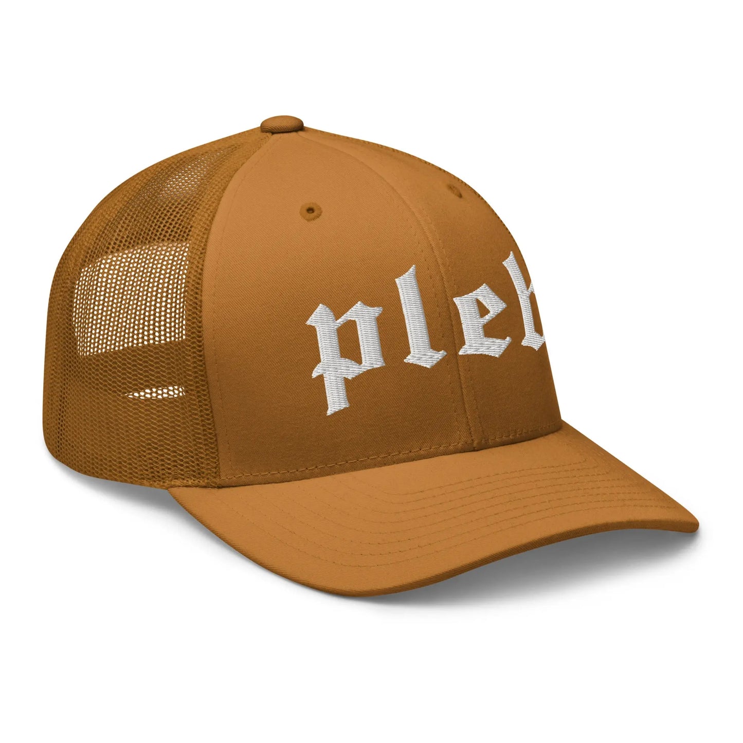 bitcoin trucker hat - pleb - angled front view - caramel
