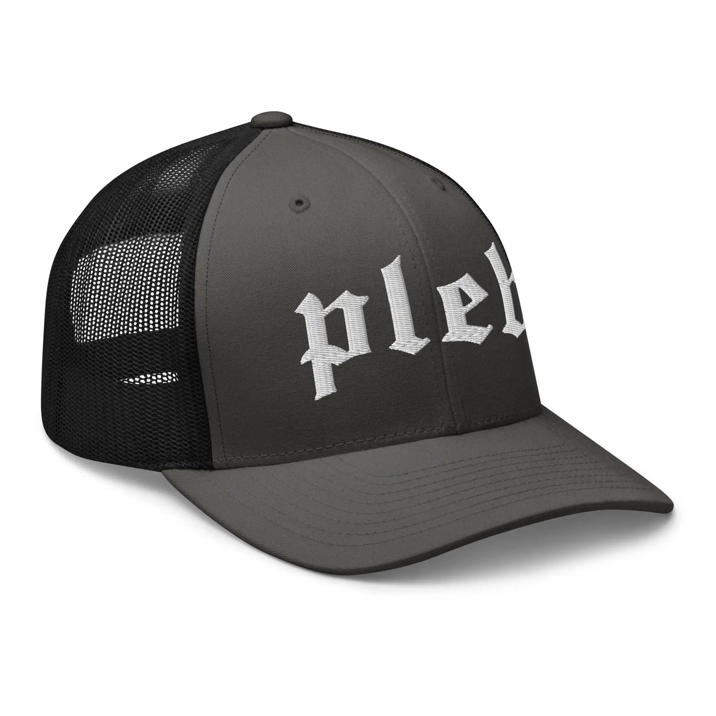 bitcoin trucker hat - pleb - angled front view - charcoal and black
