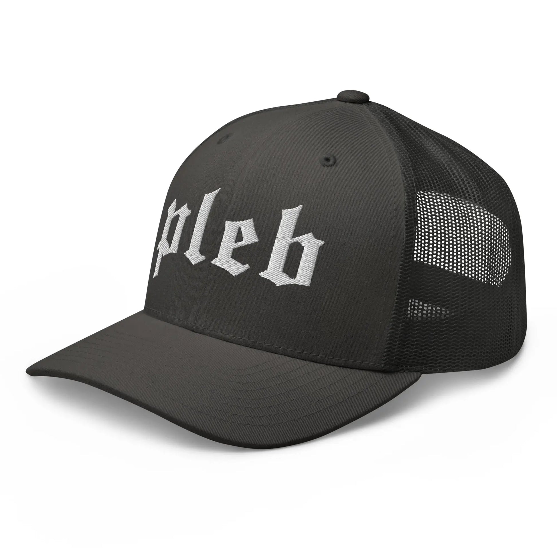 bitcoin trucker hat - pleb - angled front view - charcoal