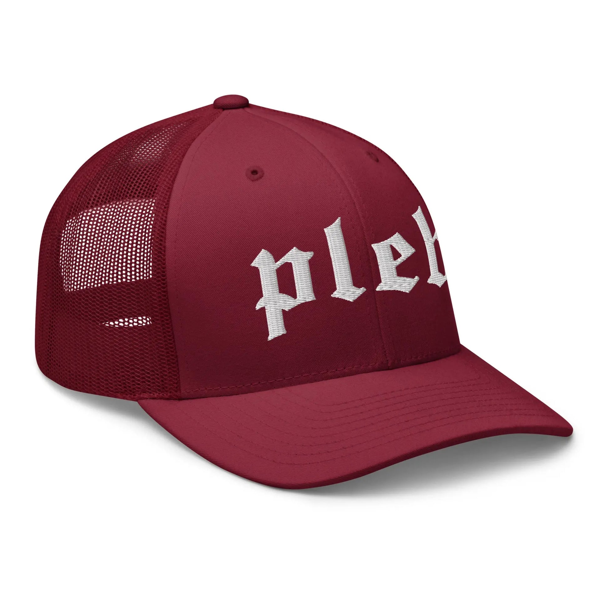 bitcoin trucker hat - pleb - angled front view - cranberry
