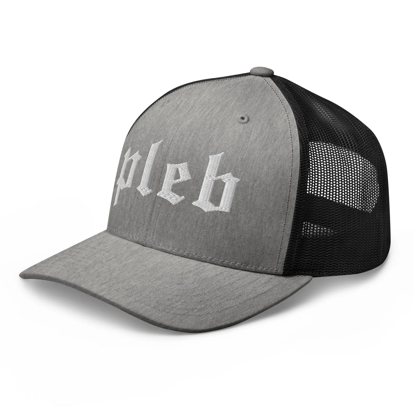bitcoin trucker hat - pleb - angled front view - heather and black