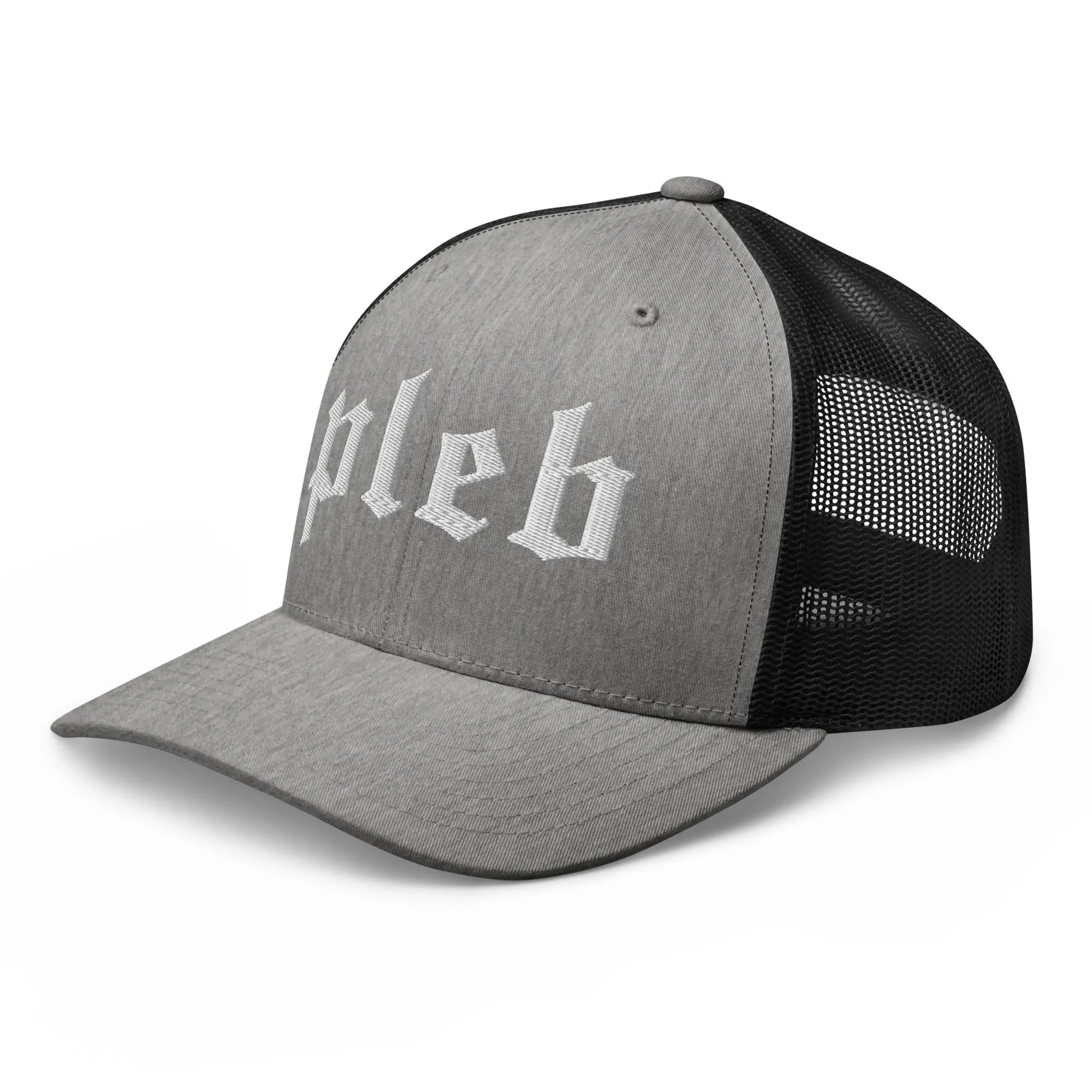 bitcoin trucker hat - pleb - angled front view - heather and black