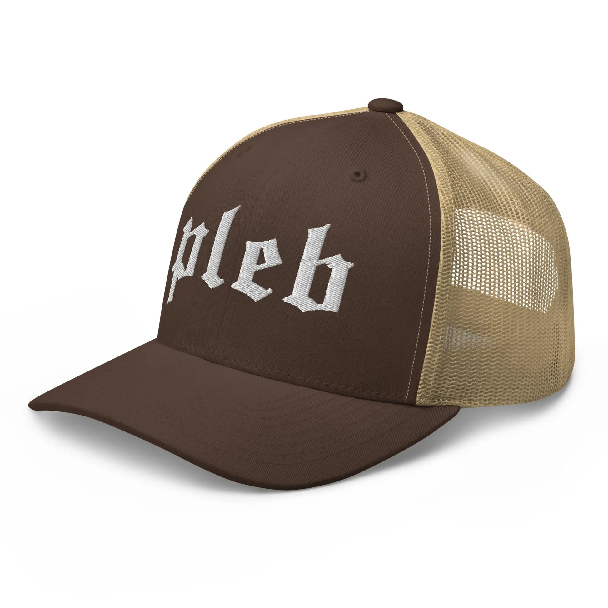 bitcoin trucker hat - pleb - angled front view - khaki and brown