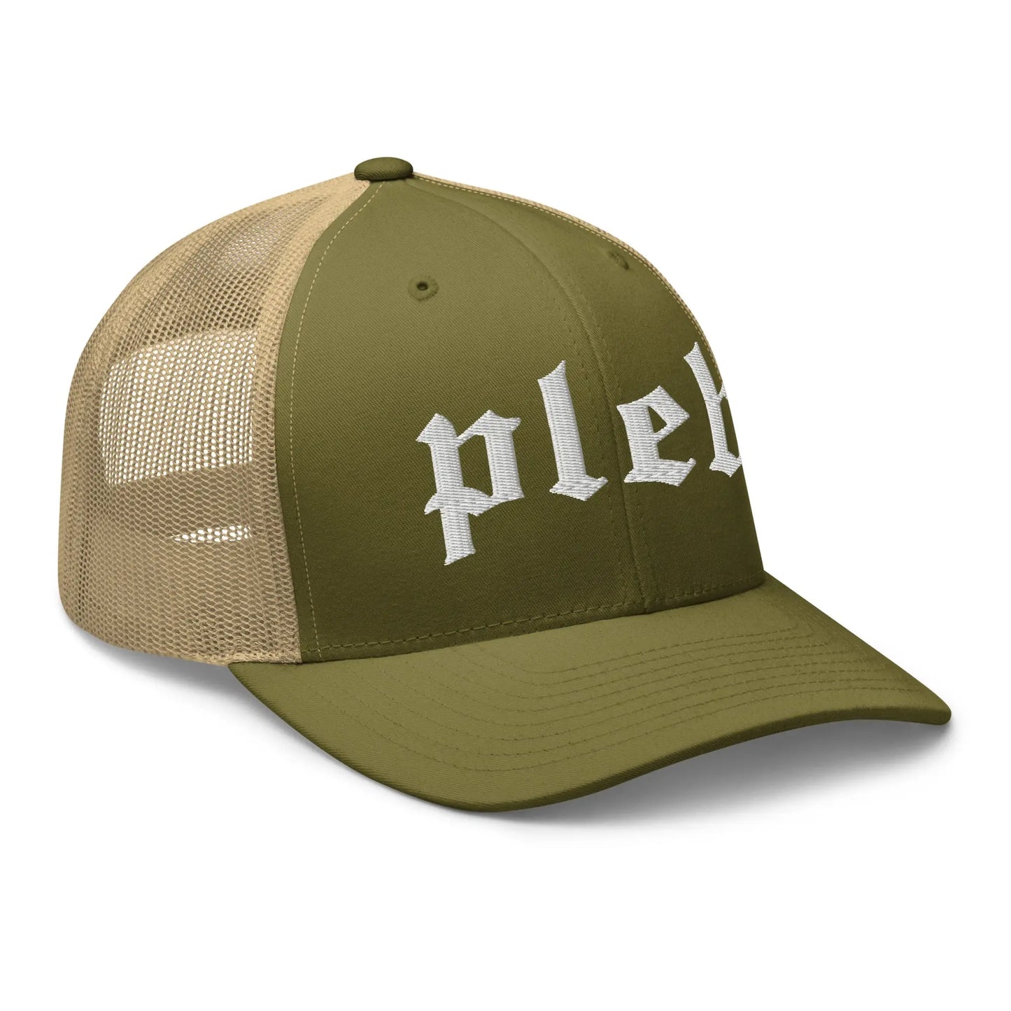 bitcoin trucker hat - pleb - angled front view - moss and khaki