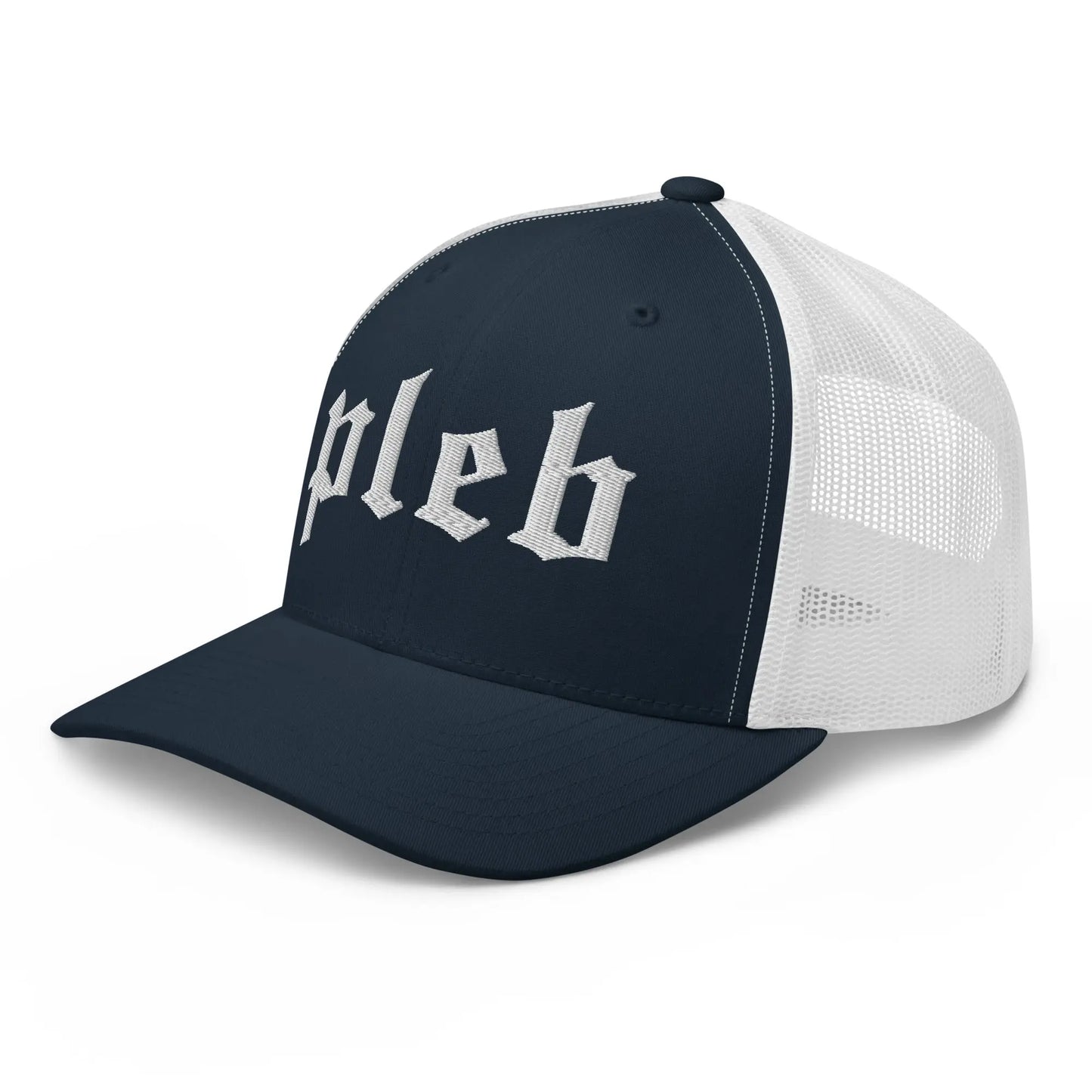 bitcoin trucker hat - pleb - angled front view - navy and white