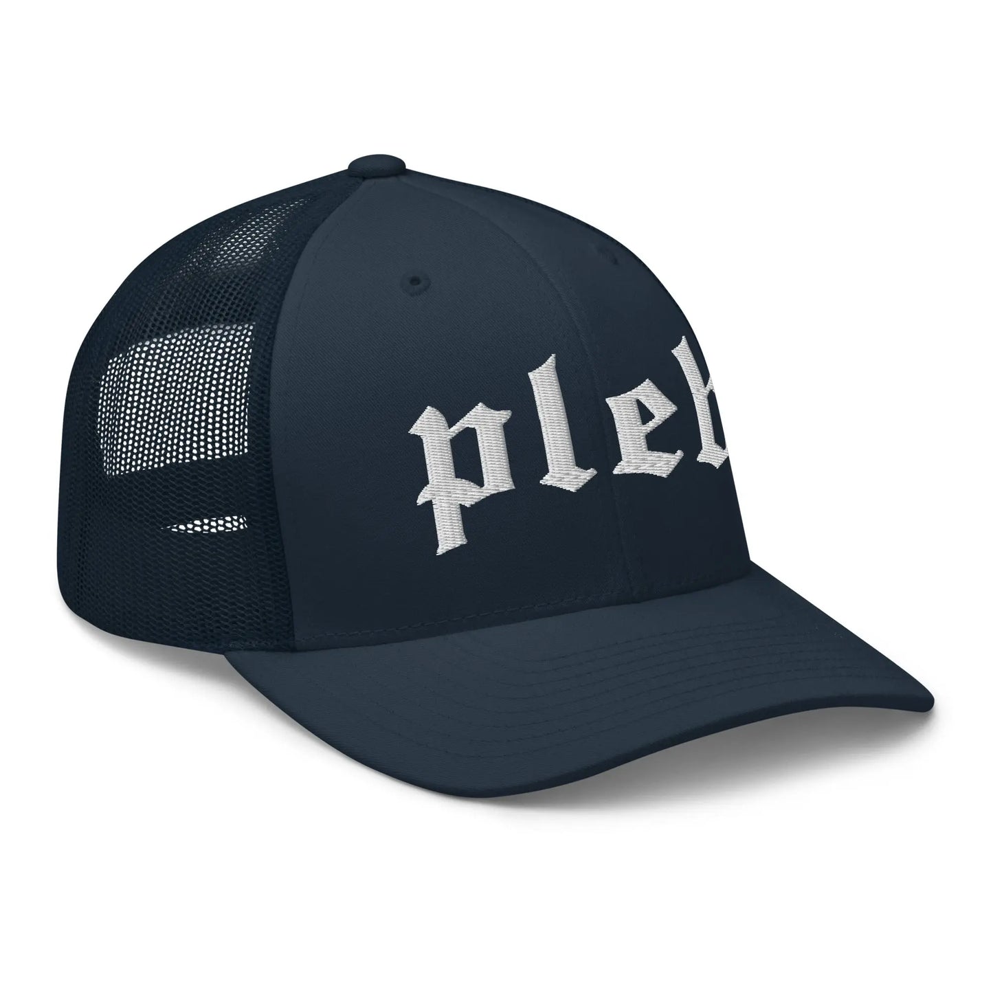 bitcoin trucker hat - pleb - angled front view - navy