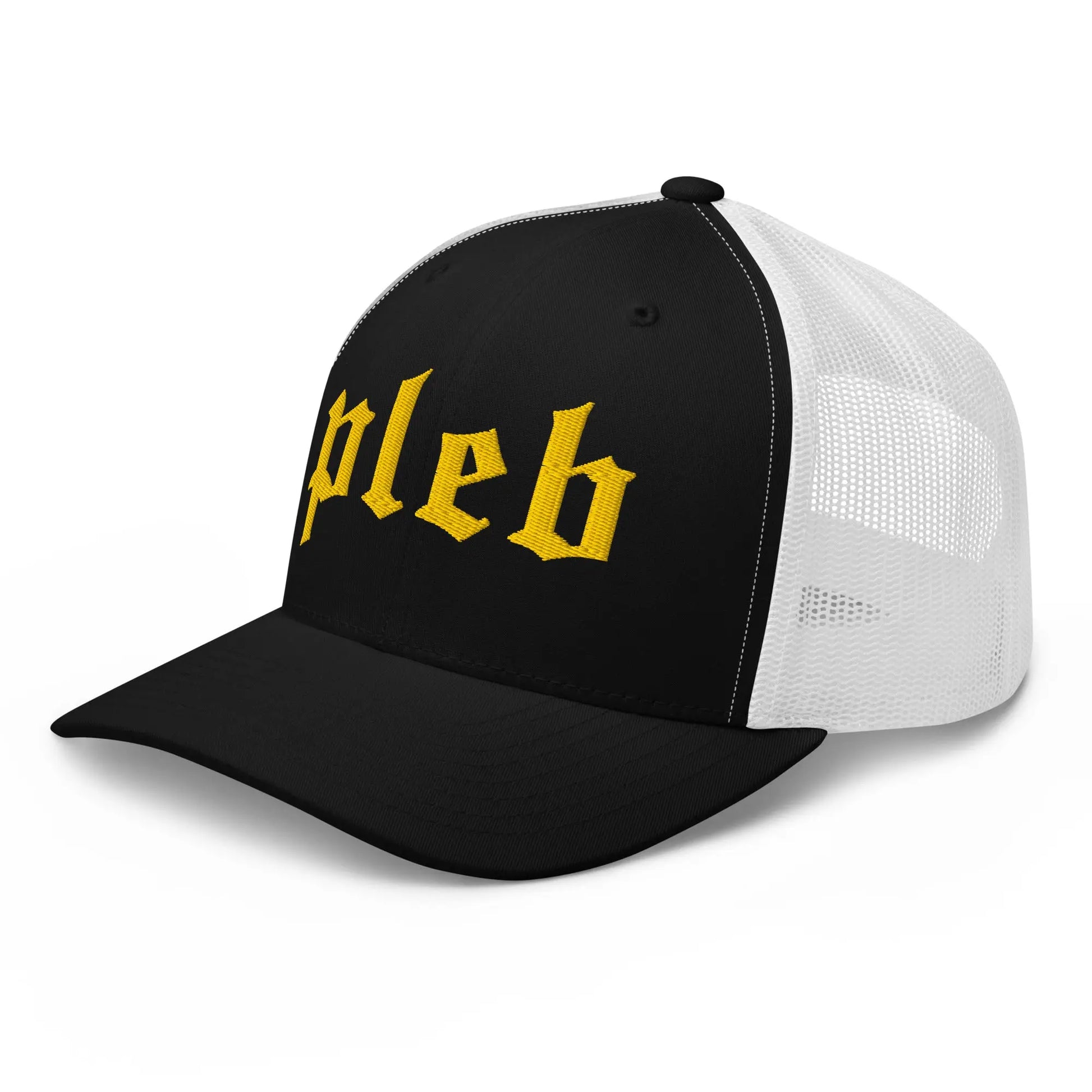 pleb bitcoin trucker hat front angle black and white