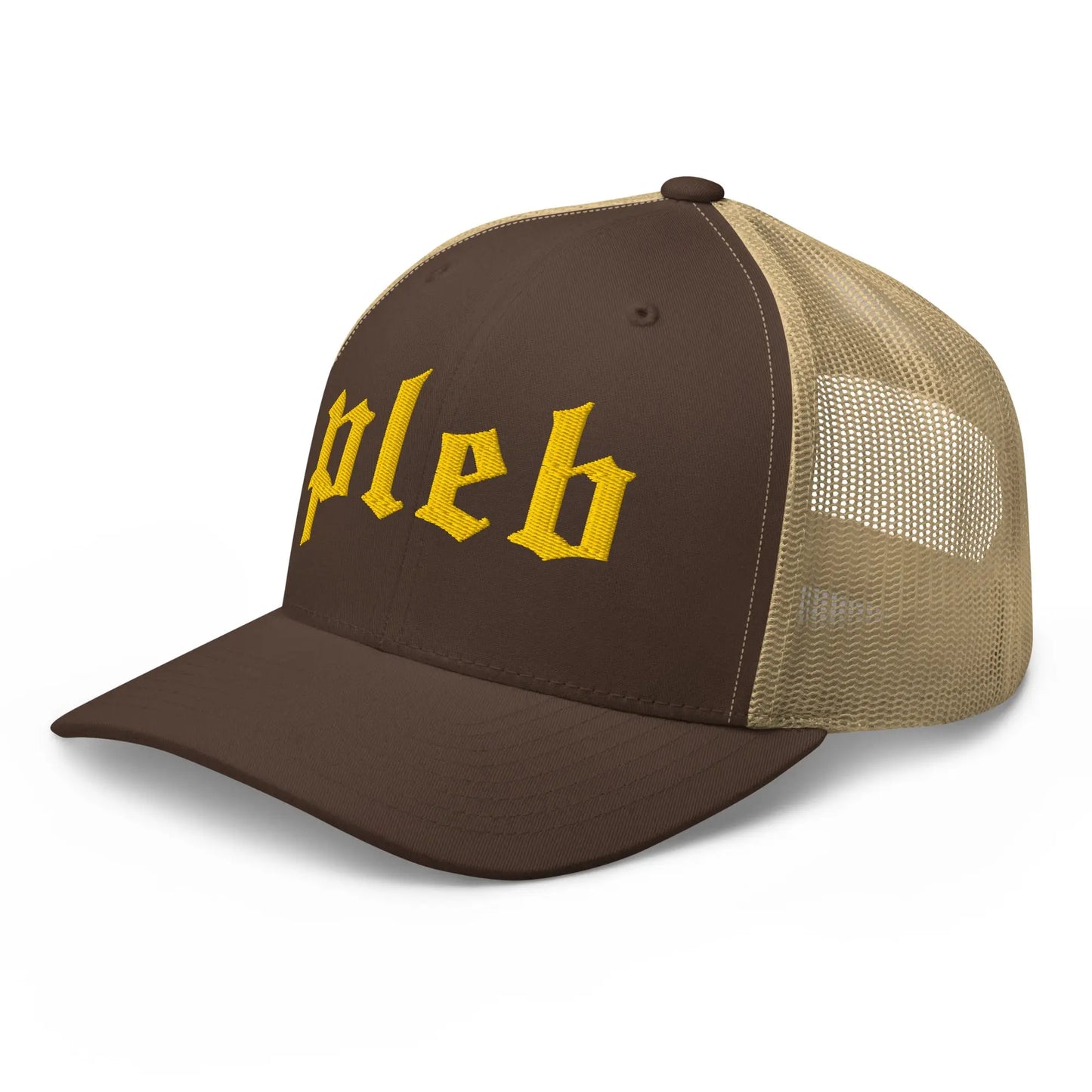 pleb bitcoin trucker hat front angle brown and khaki
